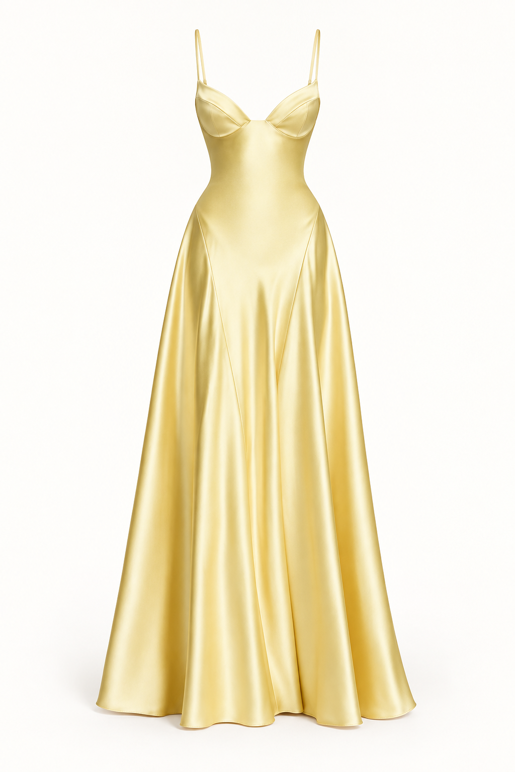 Vestido Comprido de Cetim com Corpete e Costas Descobertas em Amarelo — imagem de produto em fundo de estúdio | Tolobasao