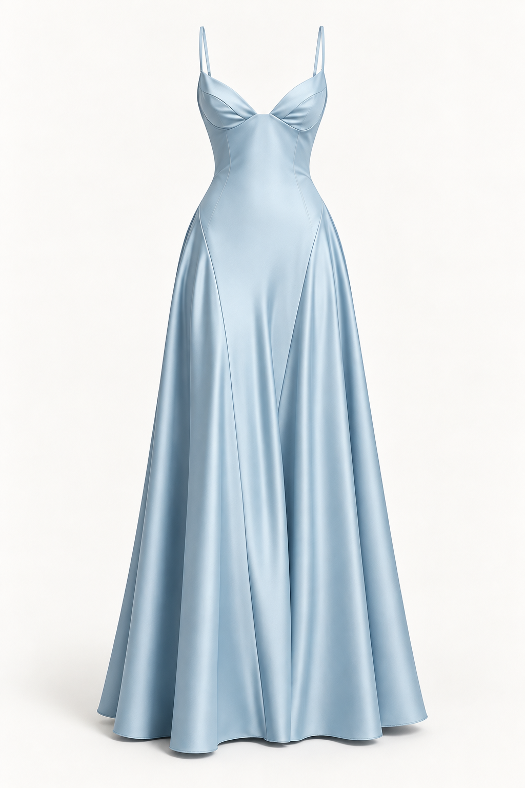 Vestido Comprido de Cetim com Corpete e Costas Descobertas em Azul-claro — imagem de produto em fundo de estúdio | Tolobasao