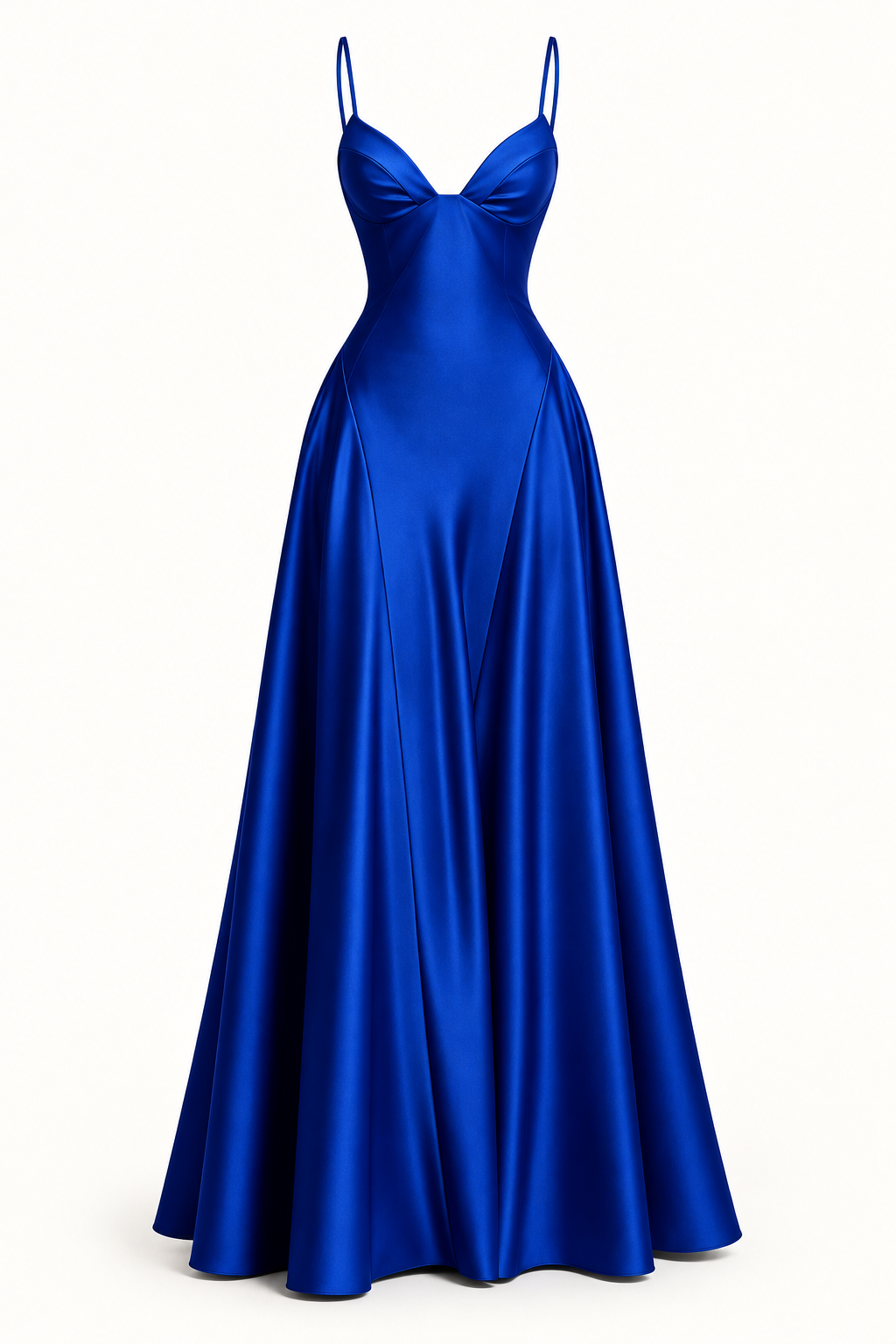 Vestido Comprido de Cetim com Corpete e Costas Descobertas em Azul royal — imagem de produto em fundo de estúdio | Tolobasao
