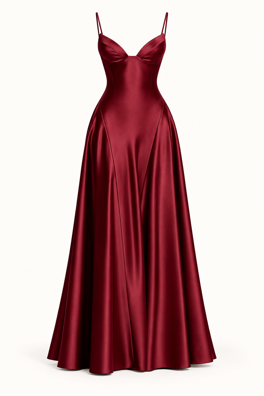 Vestido Comprido de Cetim com Corpete e Costas Descobertas em Bordô — imagem de produto em fundo de estúdio | Tolobasao