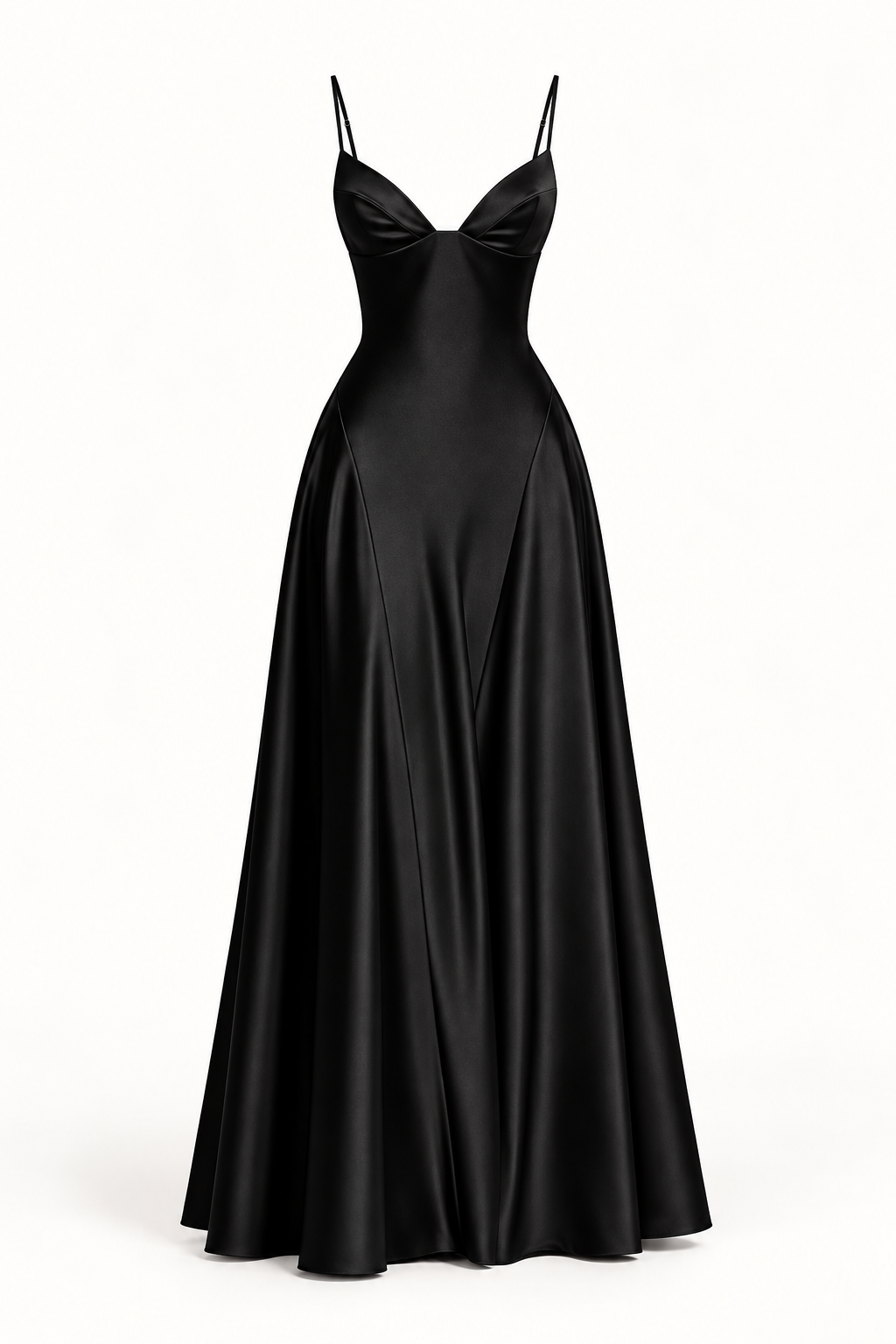 Vestido Comprido de Cetim com Corpete e Costas Descobertas em Preto — imagem de produto em fundo de estúdio | Tolobasao