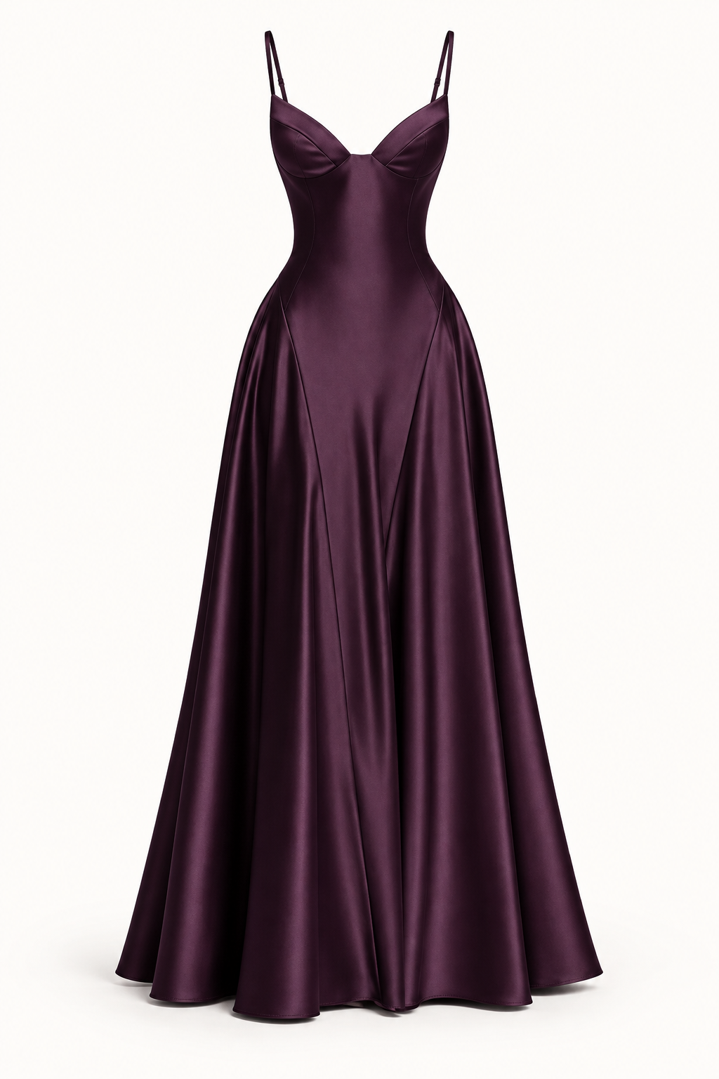 Vestido Comprido de Cetim com Corpete e Costas Descobertas em Roxo-escuro — imagem de produto em fundo de estúdio | Tolobasao