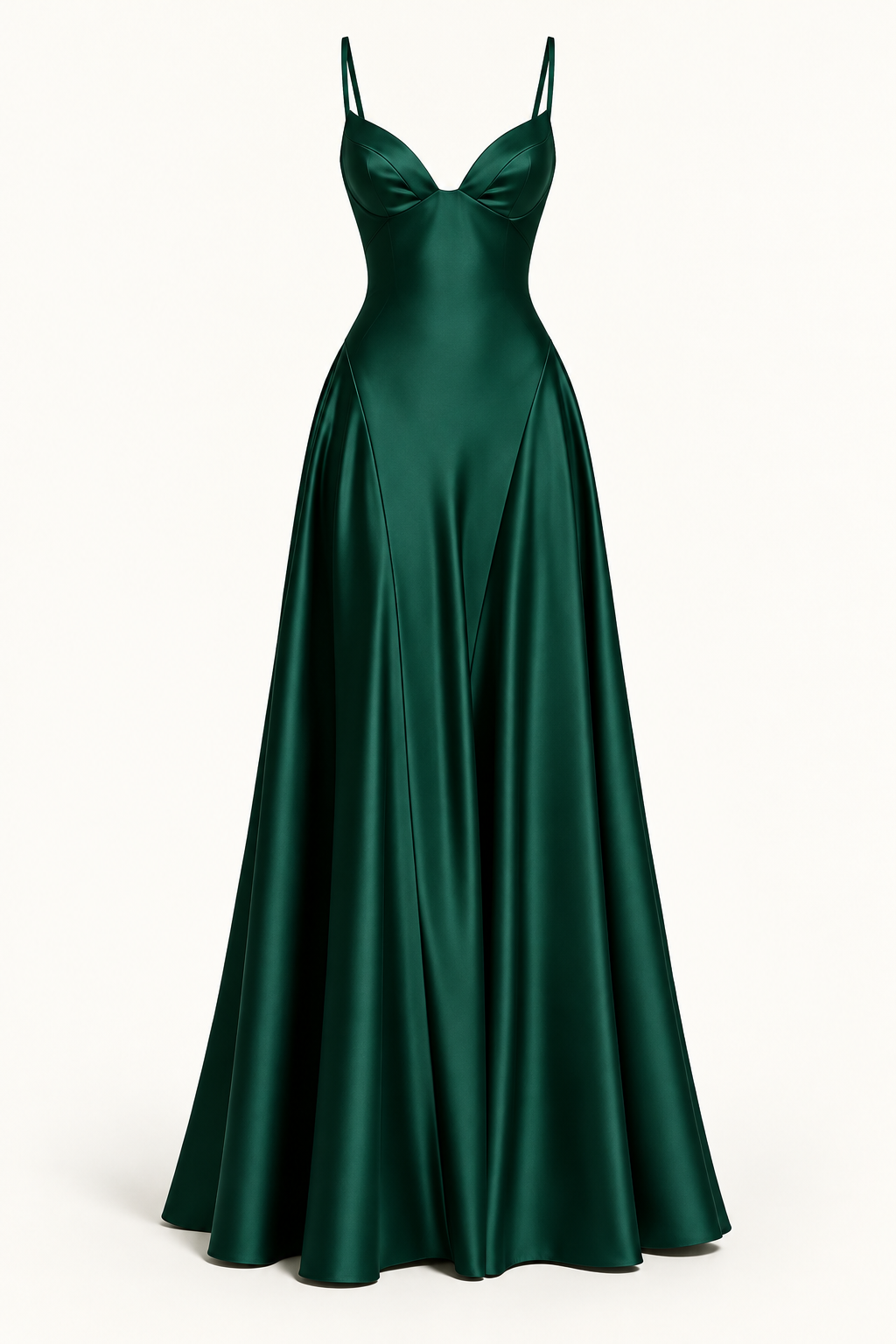 Vestido Comprido de Cetim com Corpete e Costas Descobertas em Verde-escuro — imagem de produto em fundo de estúdio | Tolobasao