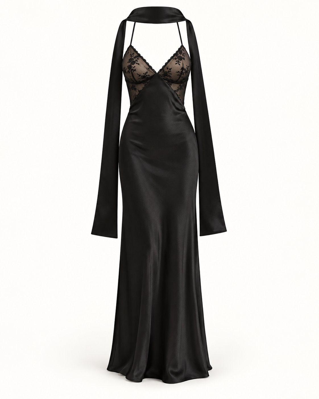 Vestido Comprido de Cetim com Laço e Costas Descobertas em Preto — imagem de produto em fundo de estúdio | Tolobasao