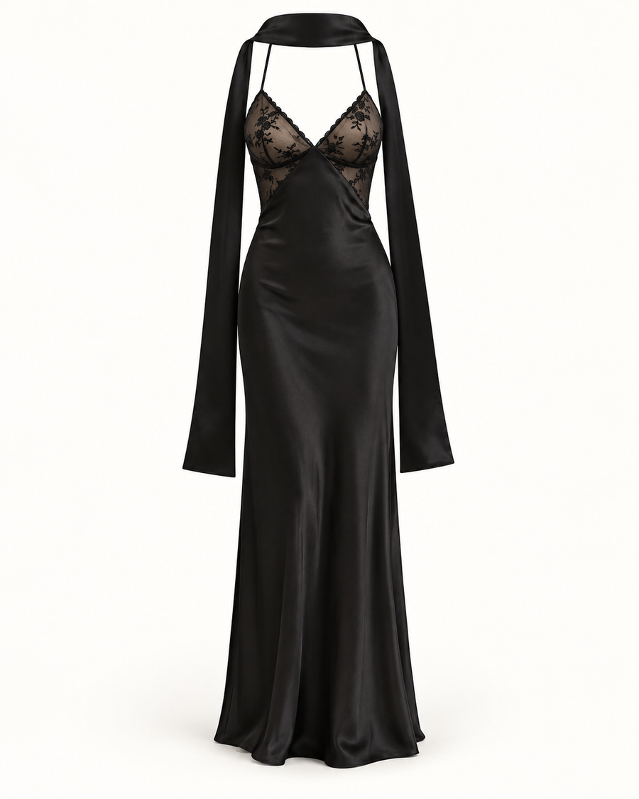 Vestido Comprido de Cetim com Laço e Costas Descobertas