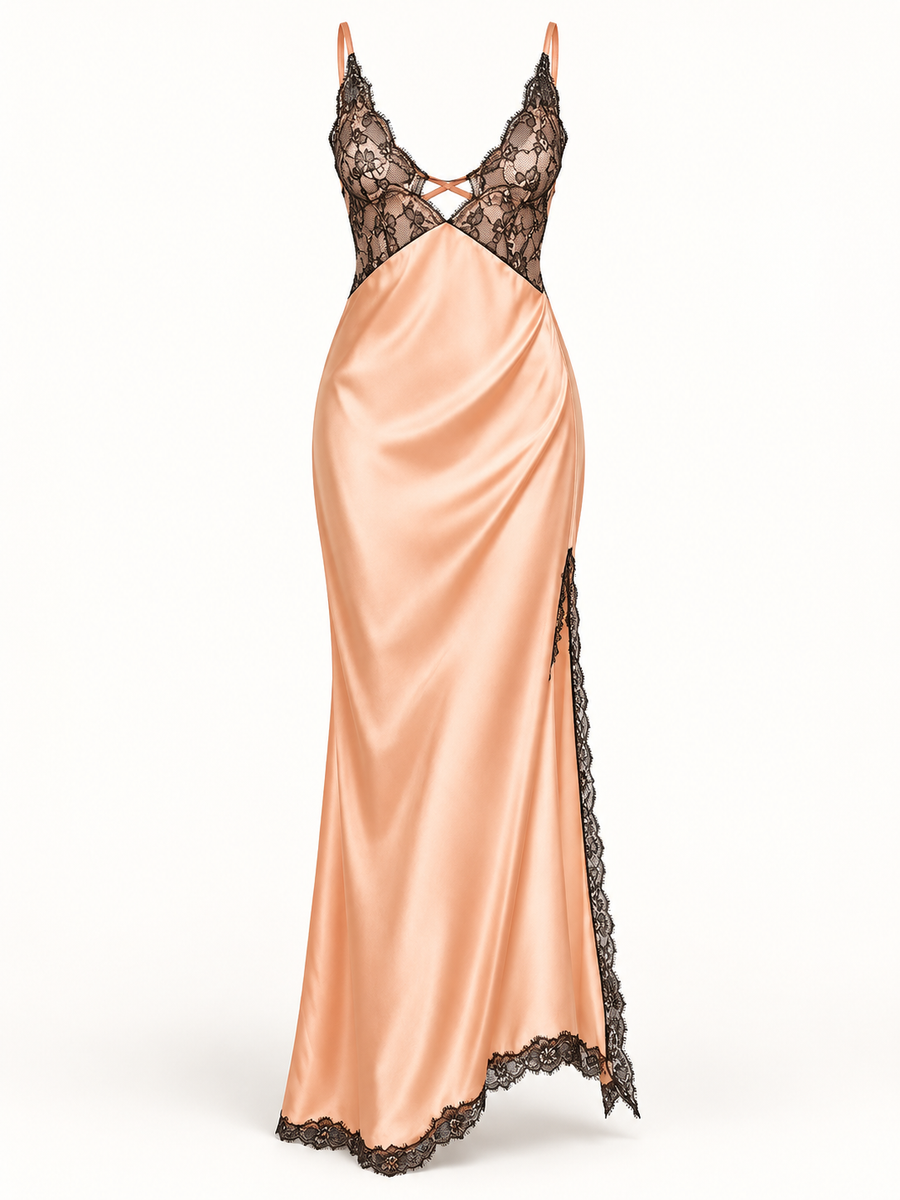 Vestido Comprido de Cetim e Renda