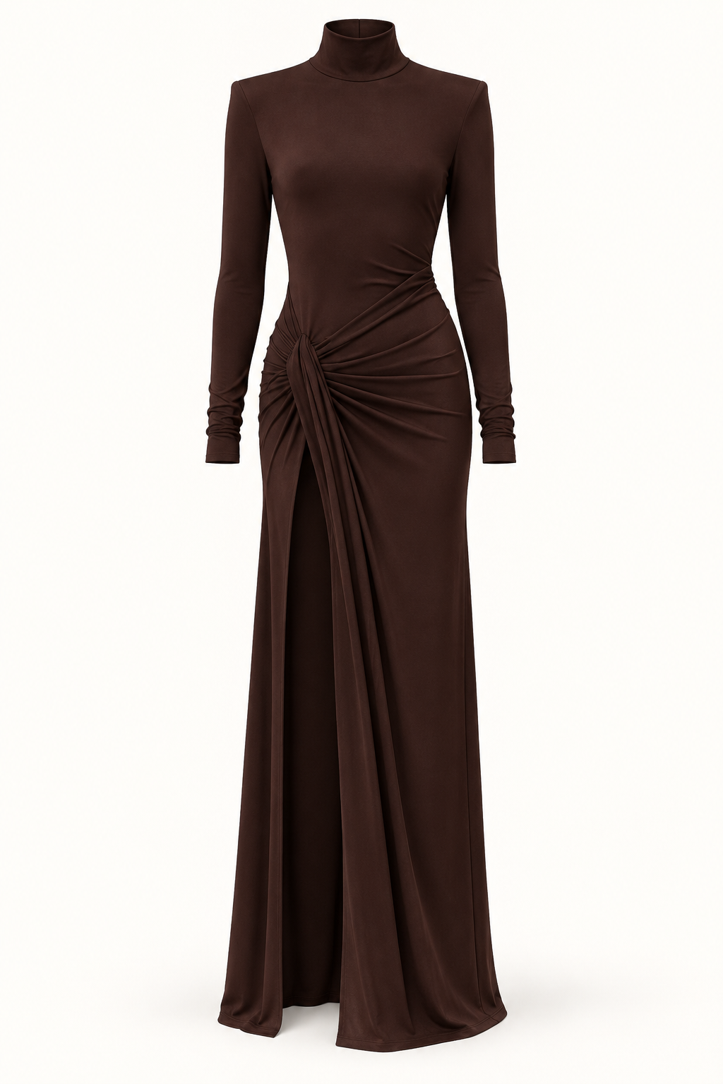Vestido Comprido de Malha com Gola Alta e Ombreiras