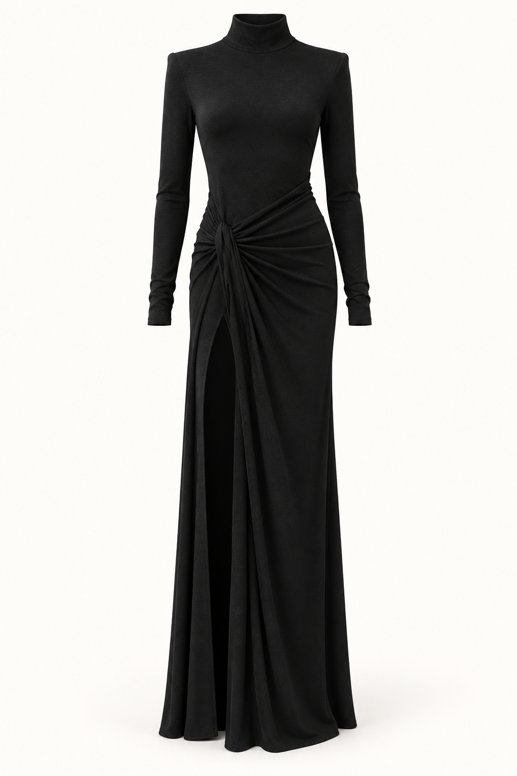 Vestido Comprido de Malha com Gola Alta e Ombreiras em Preto — imagem de produto | Tolobasao