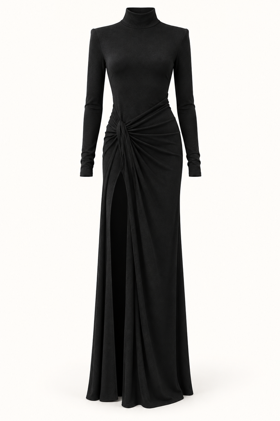 Vestido Comprido de Malha com Gola Alta e Ombreiras