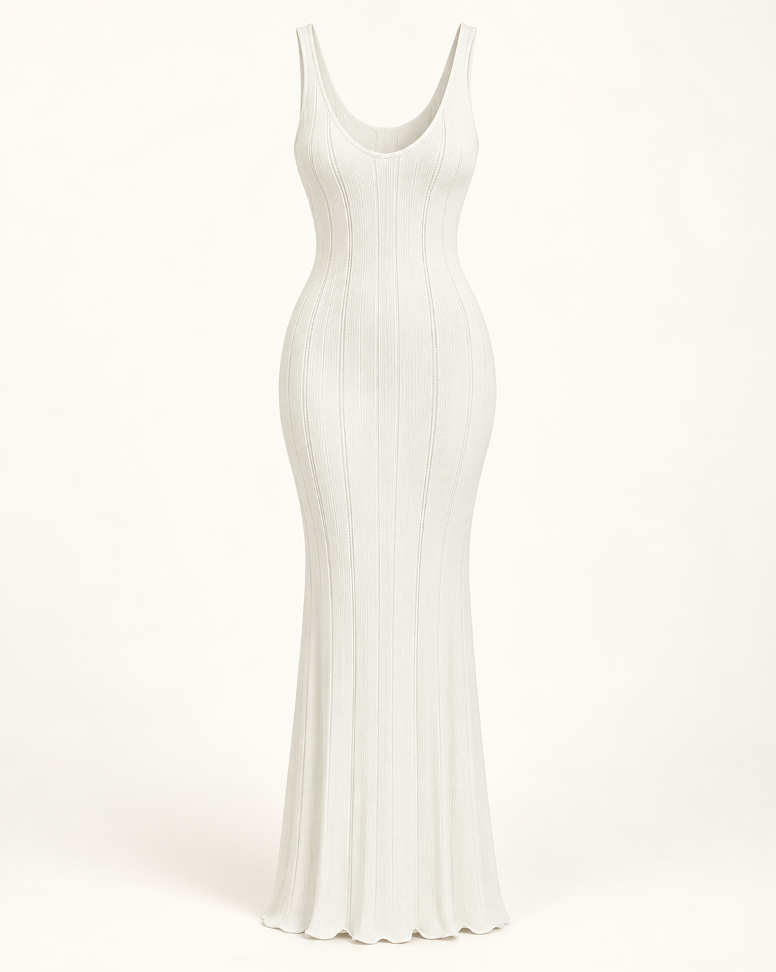 Vestido Comprido de Malha com Vazados e Costas Descobertas em Branco — imagem de produto em fundo de estúdio | Tolobasao
