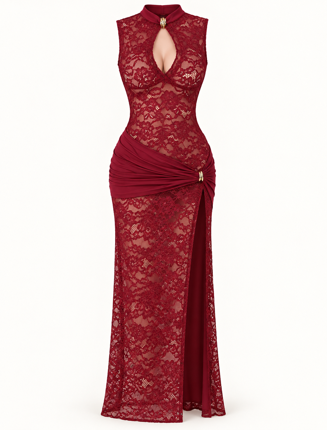 Vestido Comprido de Renda com Fenda Alta em Bordô — imagem de produto em fundo de estúdio | Tolobasao