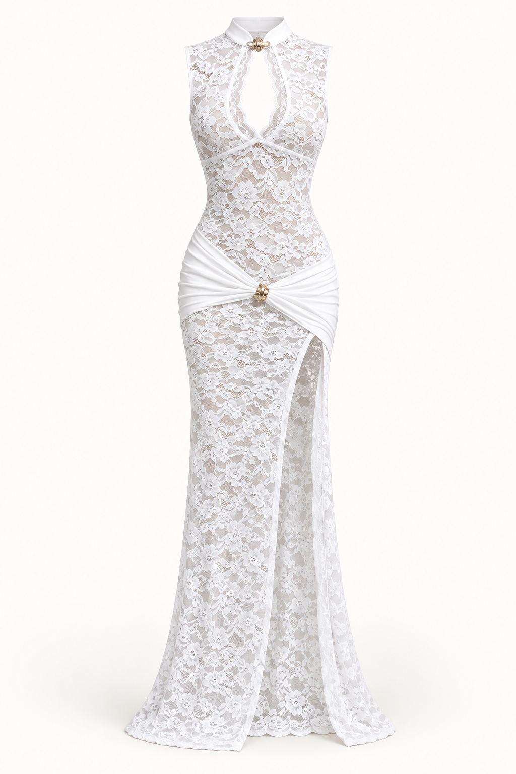 Vestido Comprido de Renda com Fenda Alta em Branco — imagem de produto em fundo de estúdio | Tolobasao