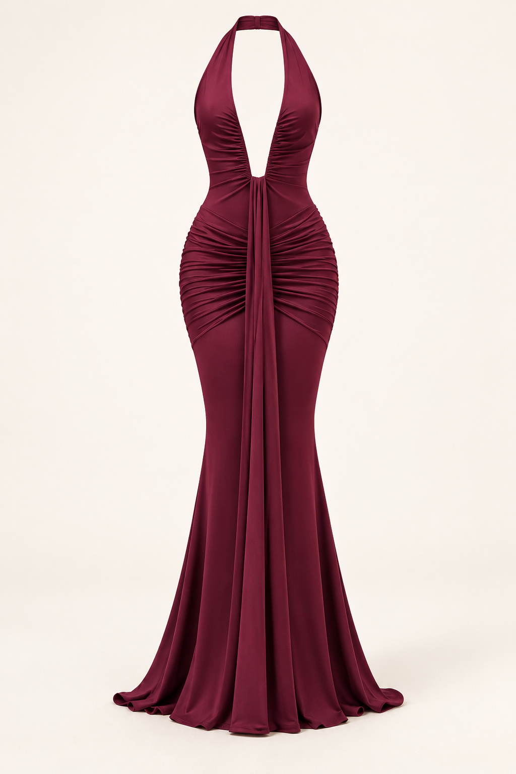 Vestido comprido com decote halter e costas descobertas bordô — imagem do produto | Tolobasao