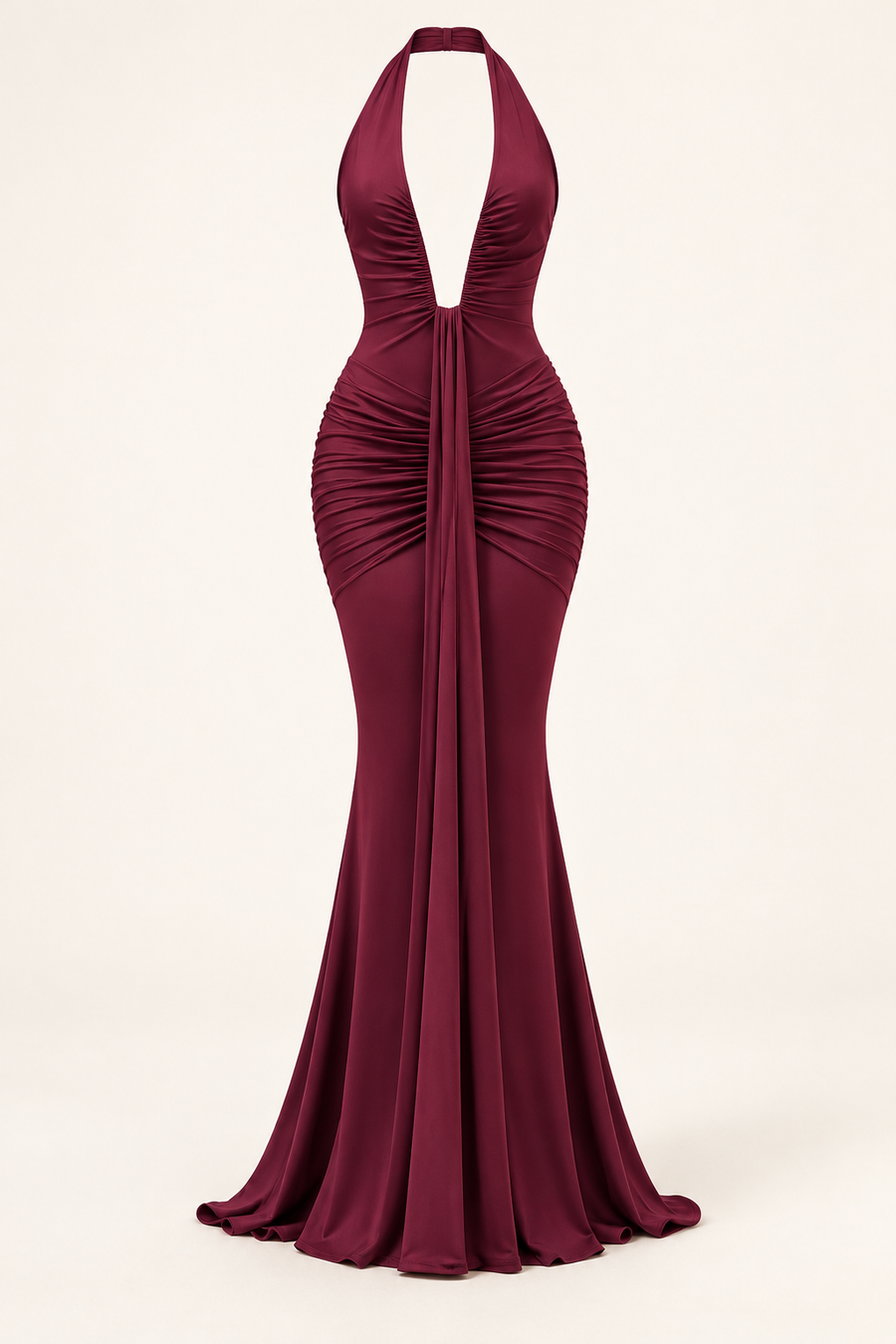 Vestido Comprido com Decote Halter e Costas Descobertas — Bordô