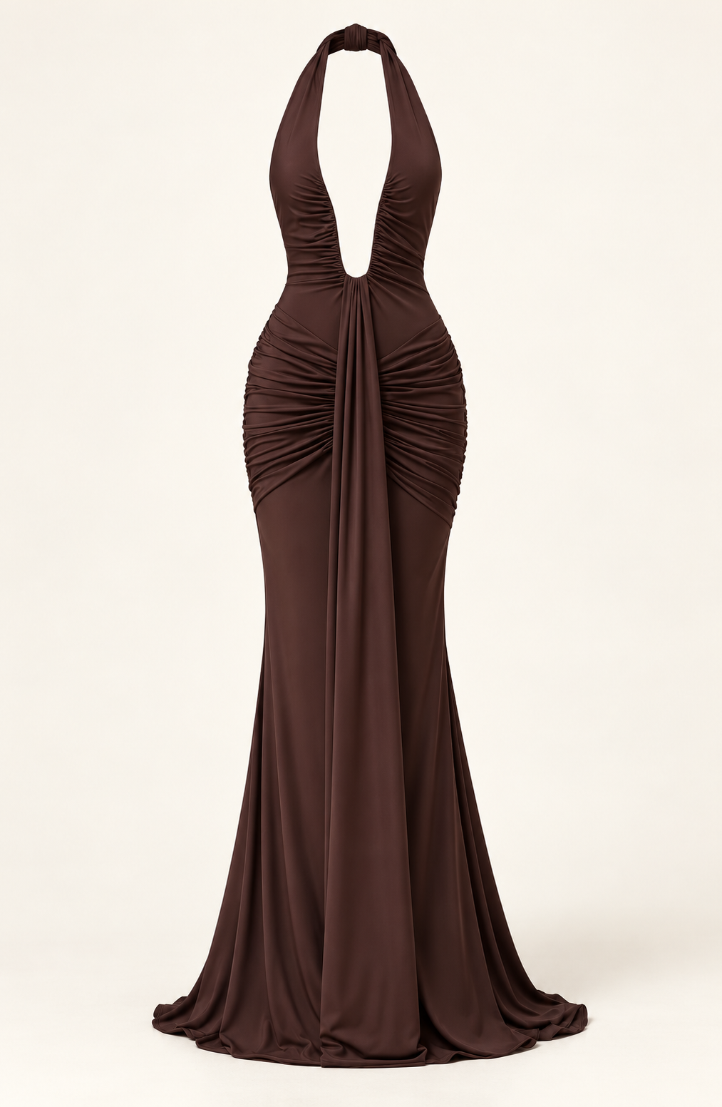 Vestido comprido com decote halter e costas descobertas castanho — imagem do produto | Tolobasao