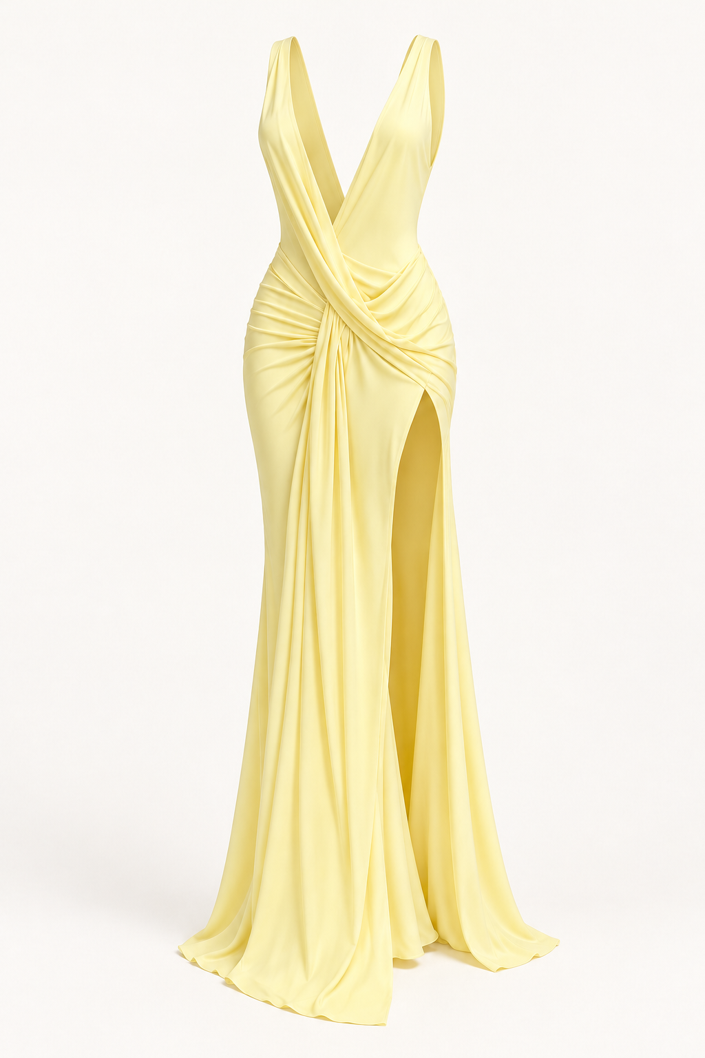 Vestido comprido com decote em V e franzidos amarelo — imagem do produto | Tolobasao