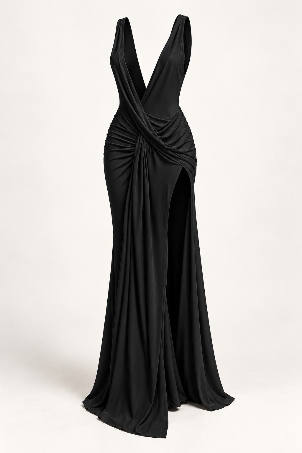 Vestido comprido com decote em V e franzidos preto — imagem do produto | Tolobasao
