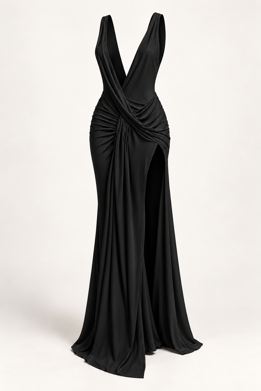 Vestido comprido com decote em V e franzidos preto — imagem do produto | Tolobasao