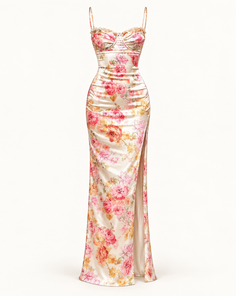 Vestido comprido floral com renda e fenda branco-marfim — imagem do produto