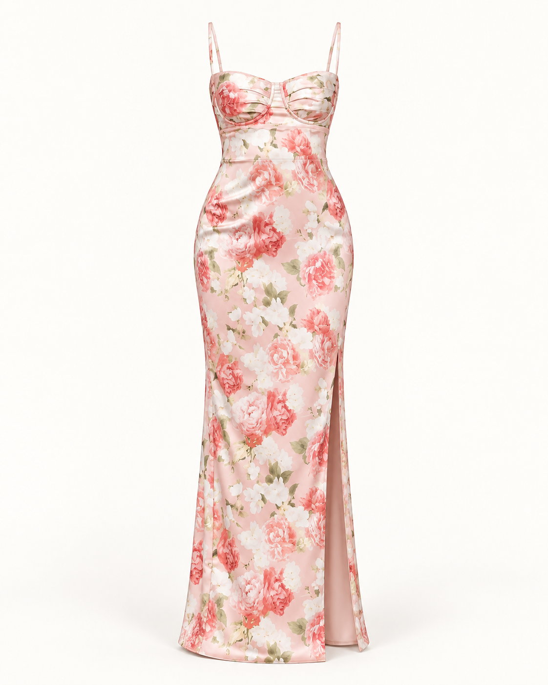 Vestido comprido floral com renda e fenda padrão peónias — imagem do produto