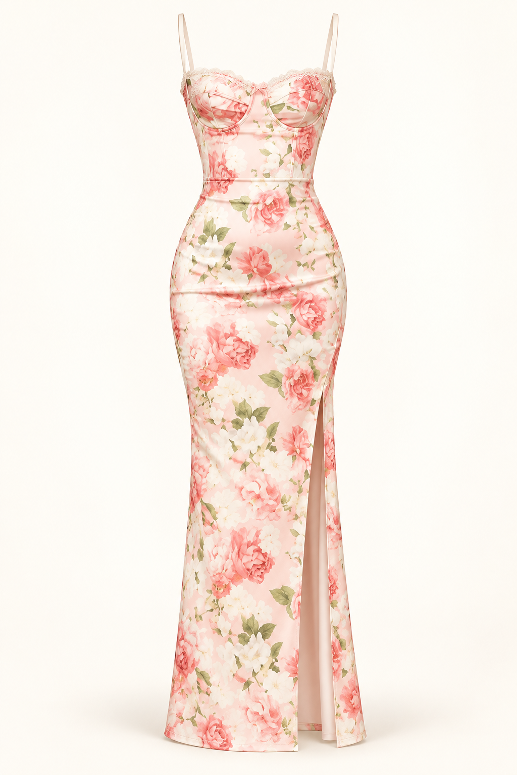 Vestido Comprido Floral com Renda e Fenda em fundo de estúdio | Tolobasao