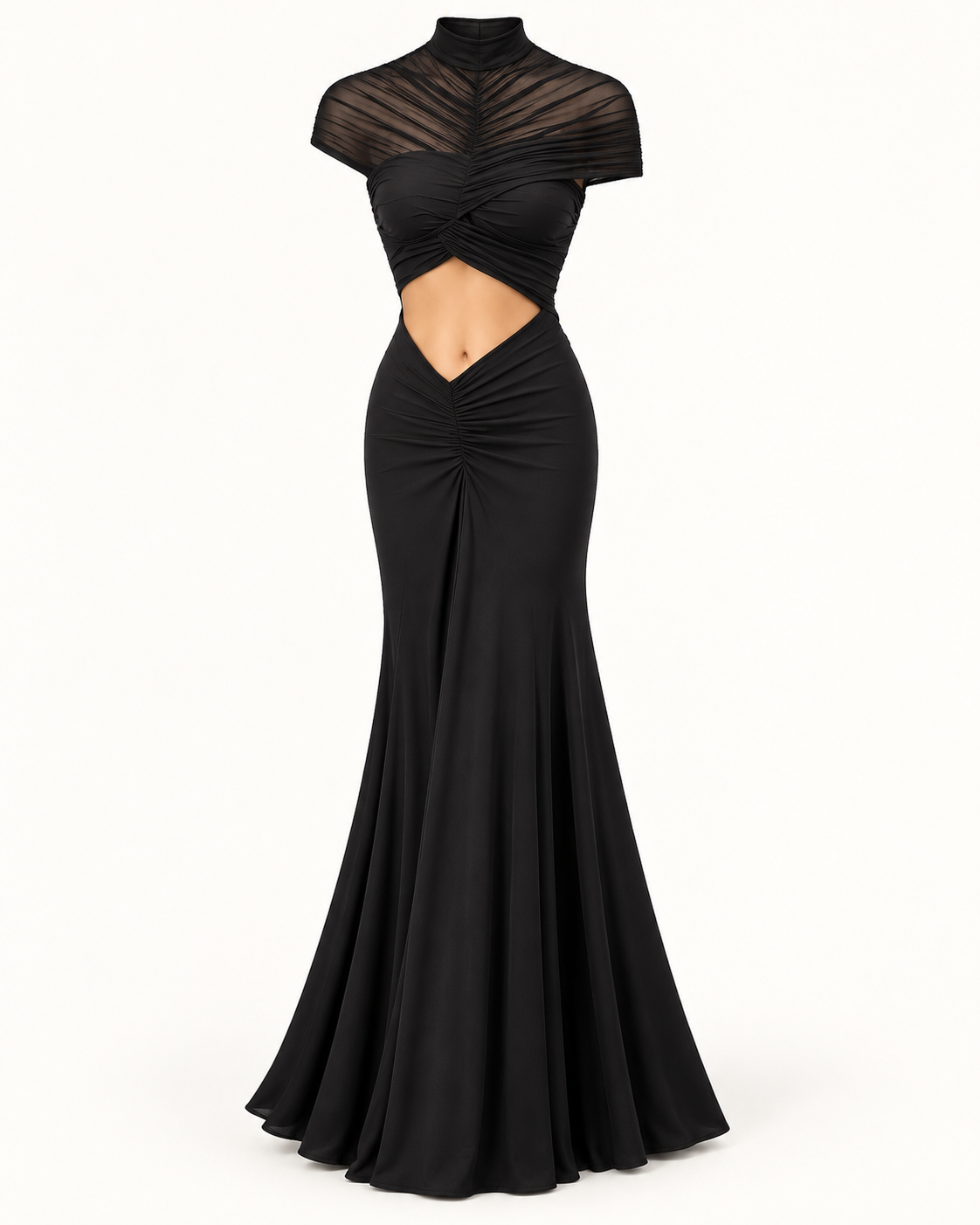Vestido comprido franzido em tule preto — imagem do produto