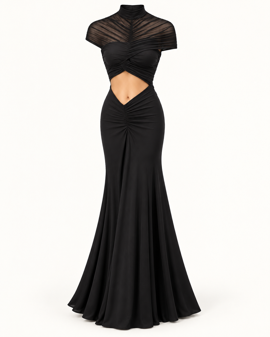 Vestido Comprido Franzido em Tule
