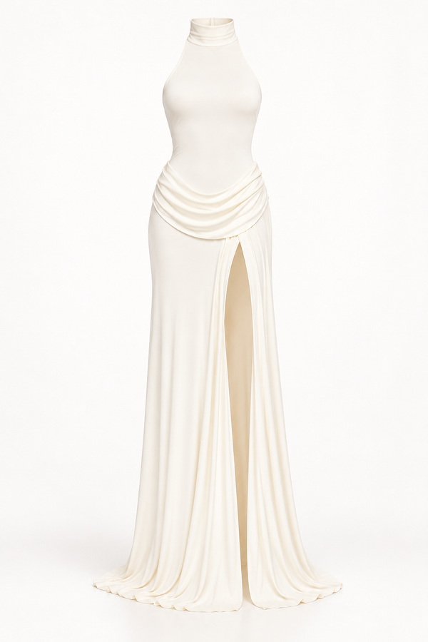 Vestido Comprido de Gola Alta com Fenda
