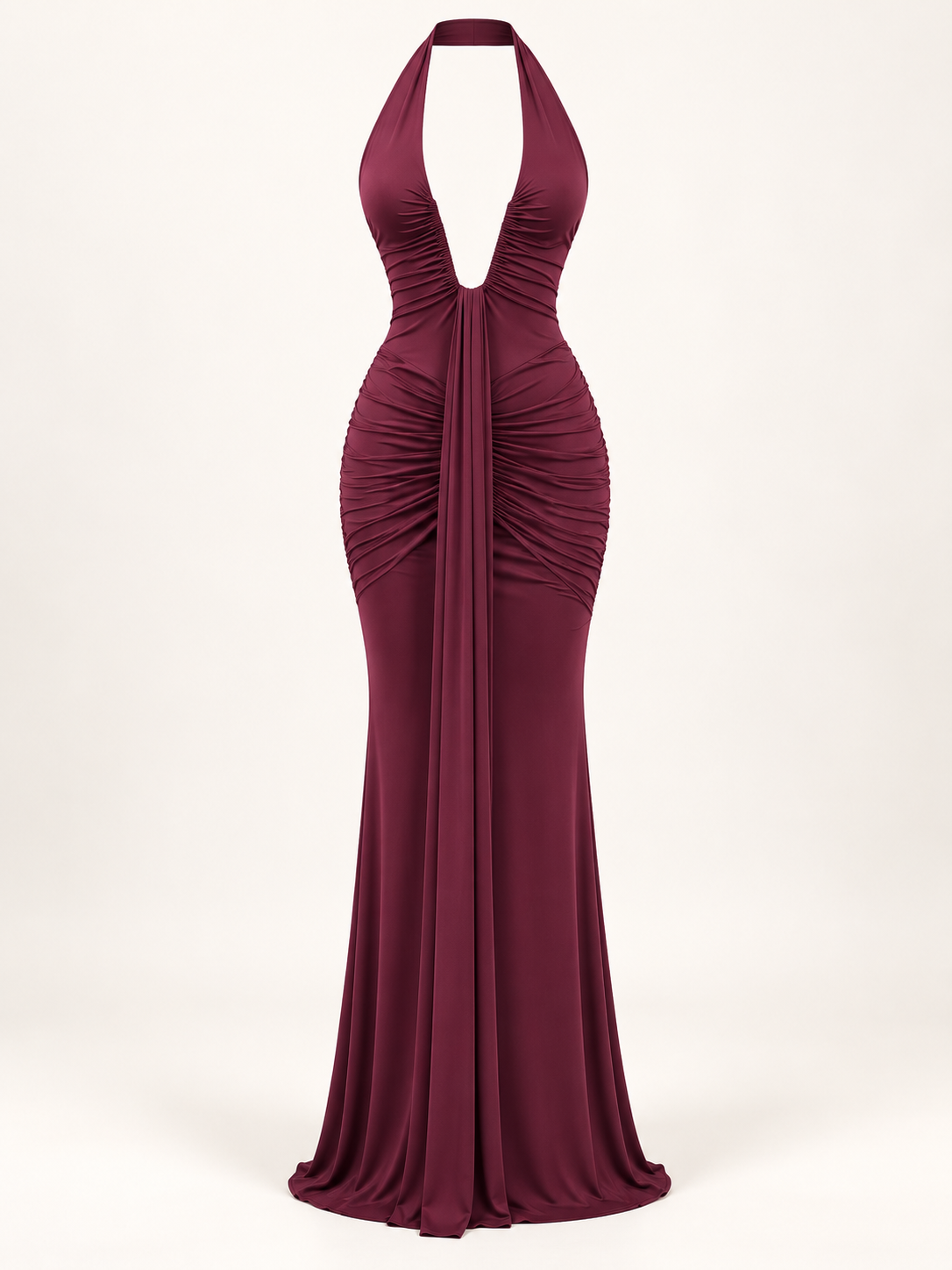 Vestido Comprido com Decote Halter e Costas Descobertas — Bordô em fundo de estúdio | Tolobasao