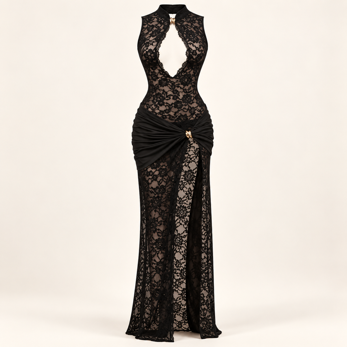 Vestido Comprido de Renda com Fenda Alta em fundo de estúdio | Tolobasao