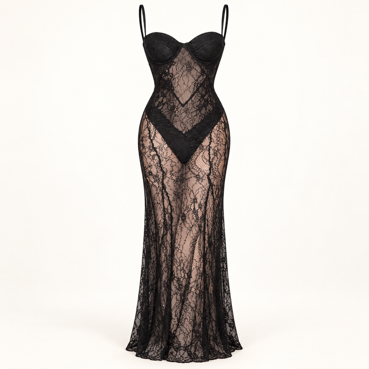 Vestido Comprido de Lingerie em Renda e Tule em fundo de estúdio | Tolobasao