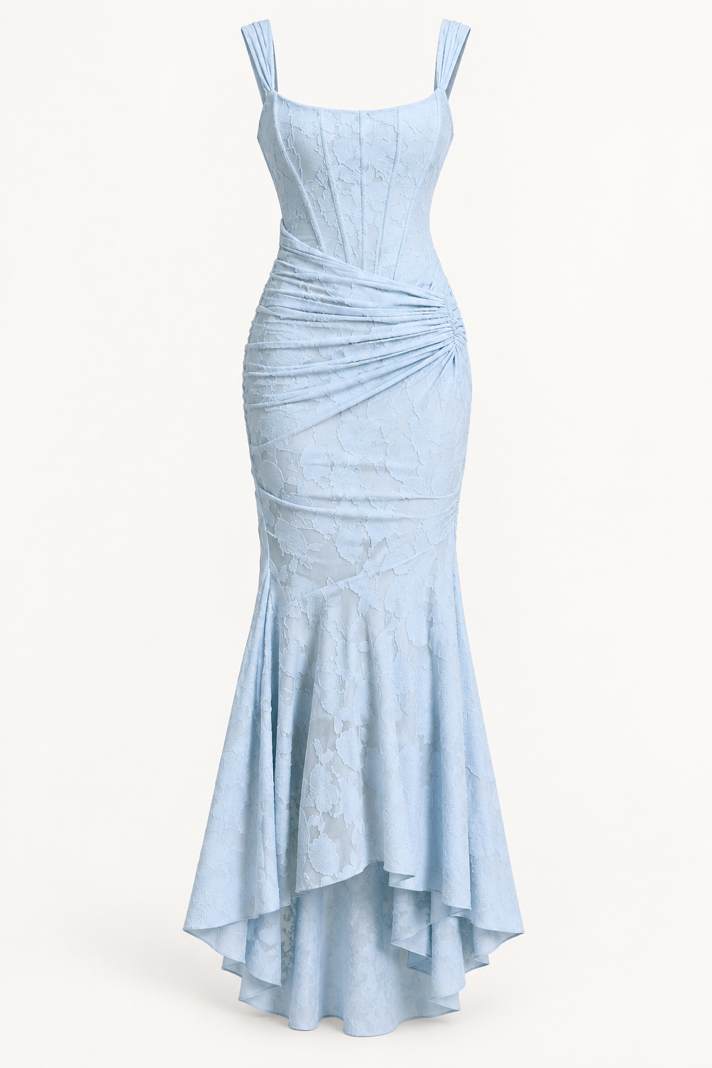 Vestido Comprido sem Alças com Corpete Jacquard em Azul — imagem de produto em fundo de estúdio | Tolobasao