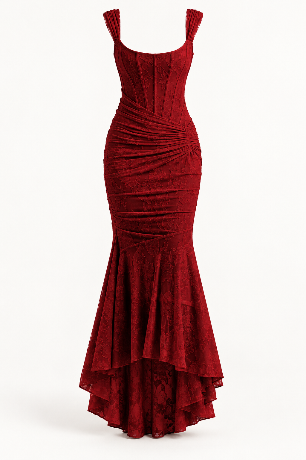 Vestido Comprido sem Alças com Corpete Jacquard em Bordô — imagem de produto em fundo de estúdio | Tolobasao