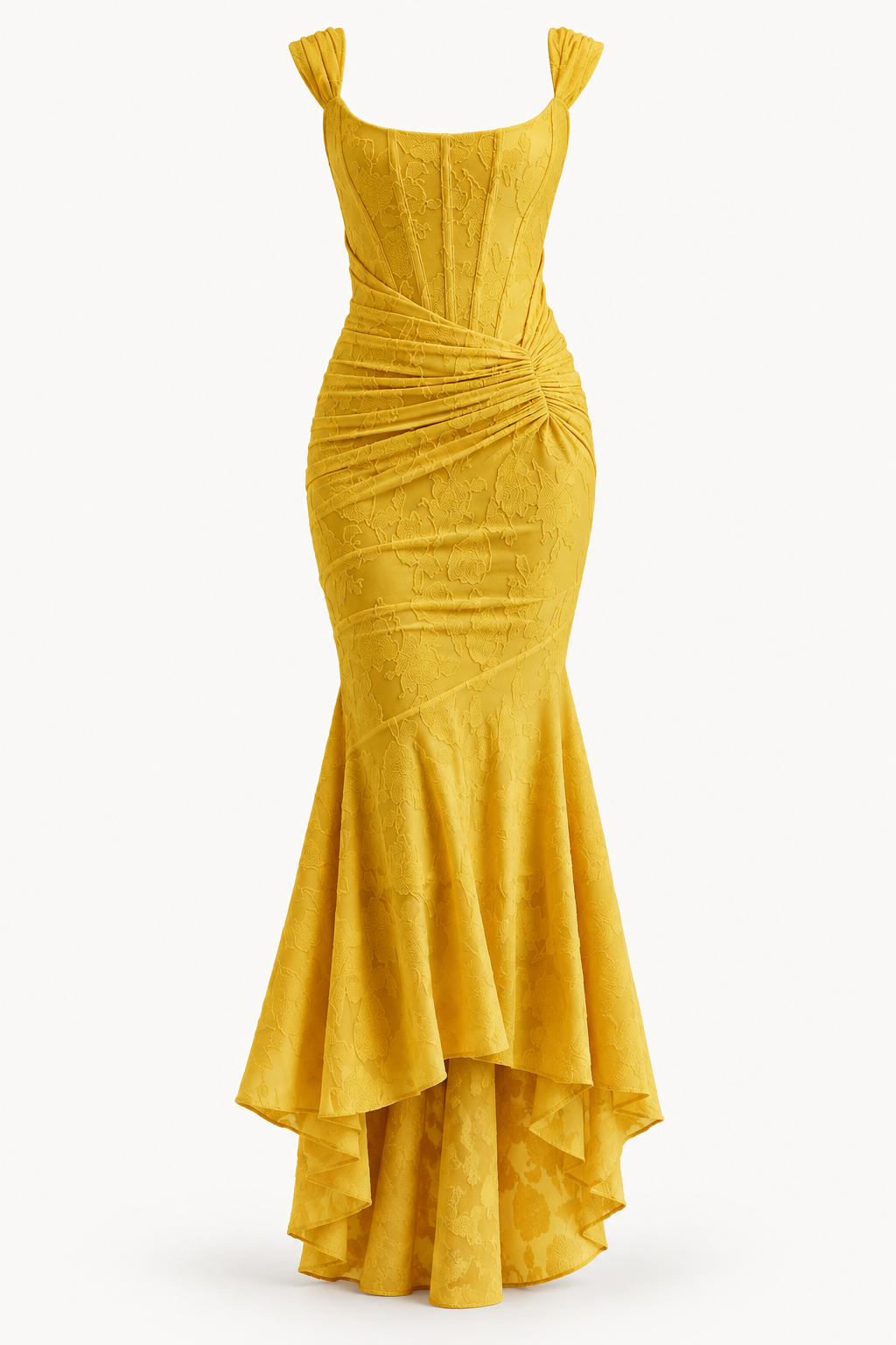 Vestido Comprido sem Alças com Corpete Jacquard em Laranja e amarelo — imagem de produto em fundo de estúdio | Tolobasao