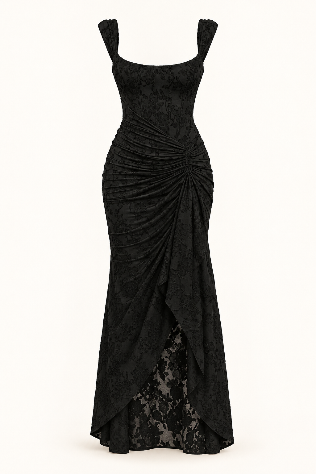 Vestido Comprido sem Alças com Corpete Jacquard em Preto — imagem de produto em fundo de estúdio | Tolobasao