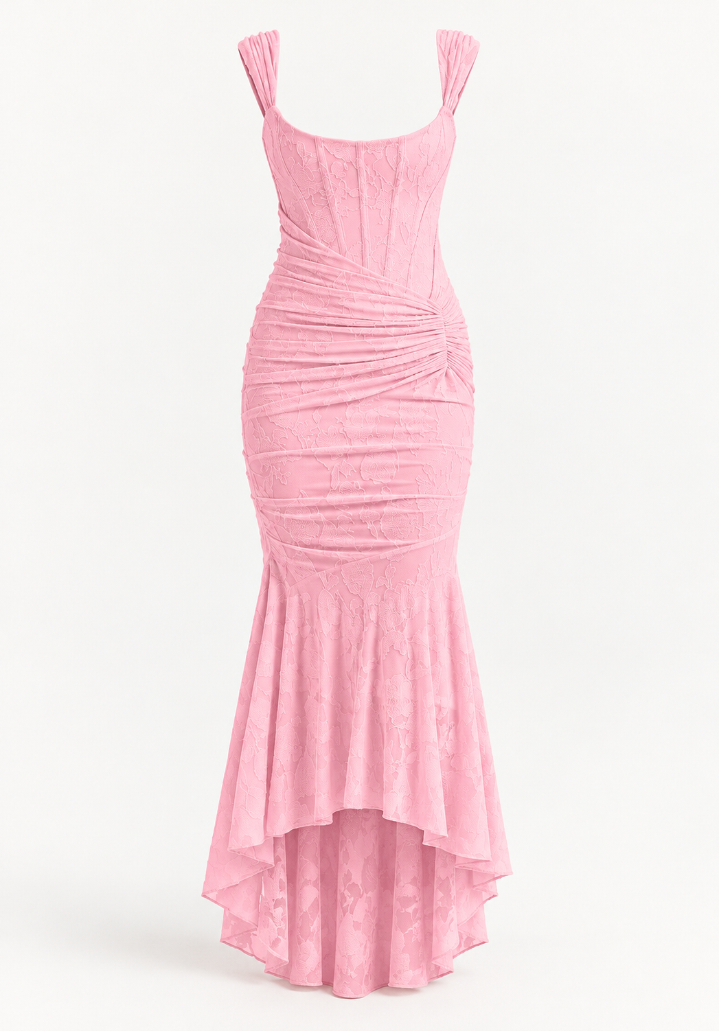 Vestido Comprido sem Alças com Corpete Jacquard em Rosa — imagem de produto em fundo de estúdio | Tolobasao