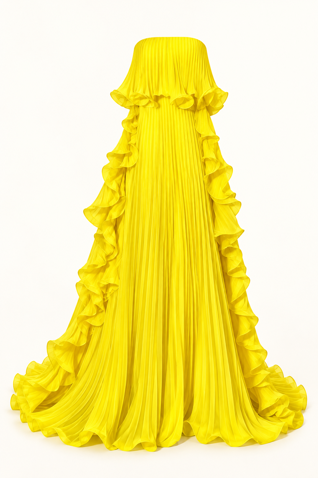 Vestido Comprido sem Alças com Folhos em Amarelo — imagem de produto em fundo de estúdio | Tolobasao