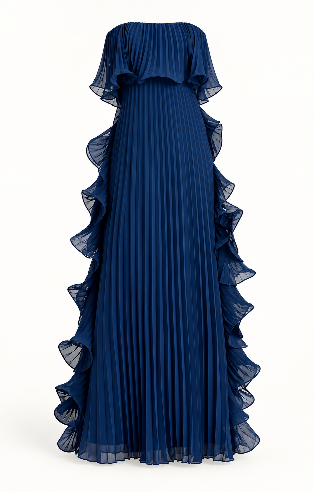 Vestido Comprido sem Alças com Folhos em Azul-marinho — imagem de produto em fundo de estúdio | Tolobasao