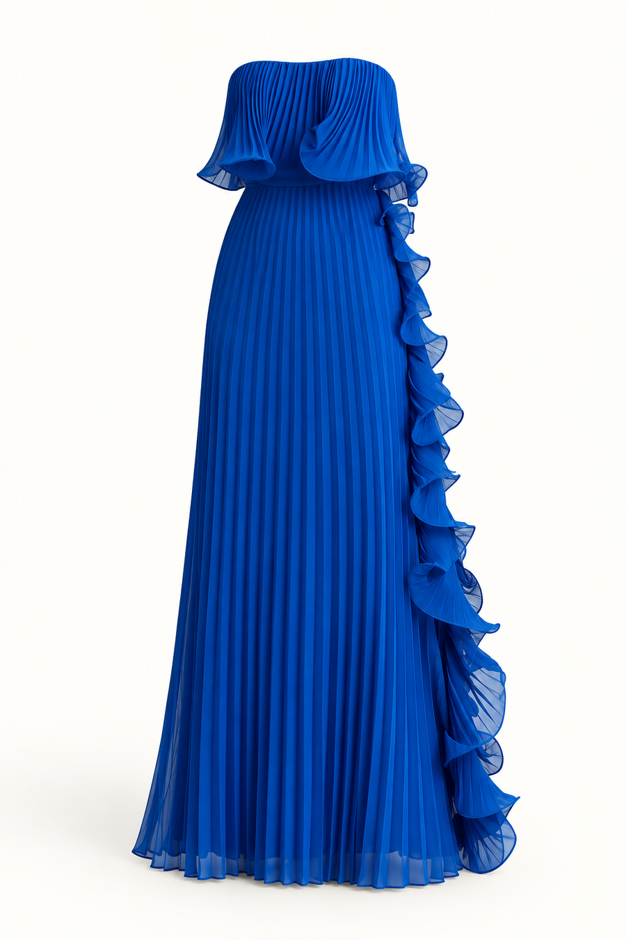 Vestido Comprido sem Alças com Folhos em Azul — imagem de produto em fundo de estúdio | Tolobasao