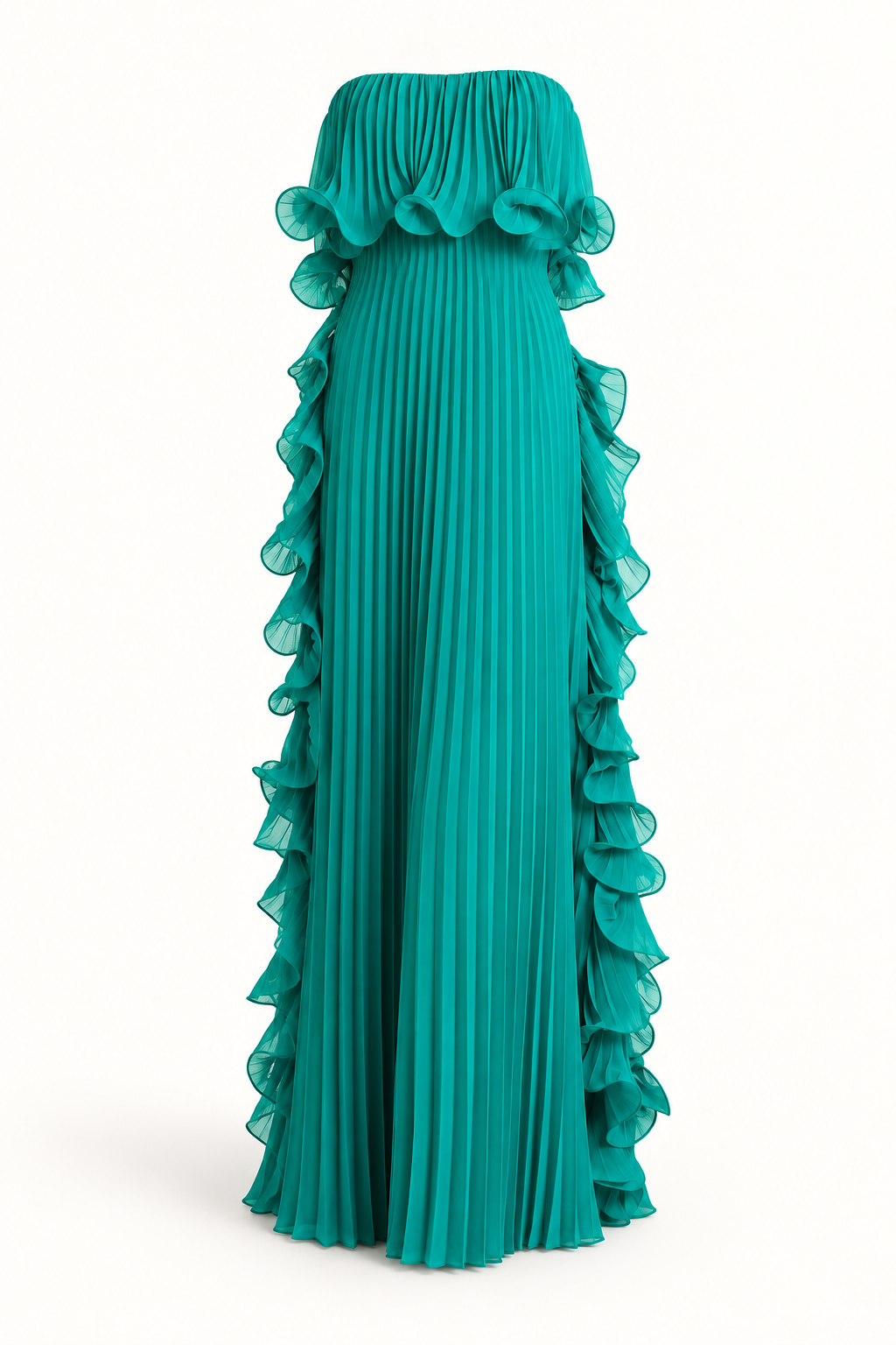 Vestido Comprido sem Alças com Folhos em Verde — imagem de produto em fundo de estúdio | Tolobasao