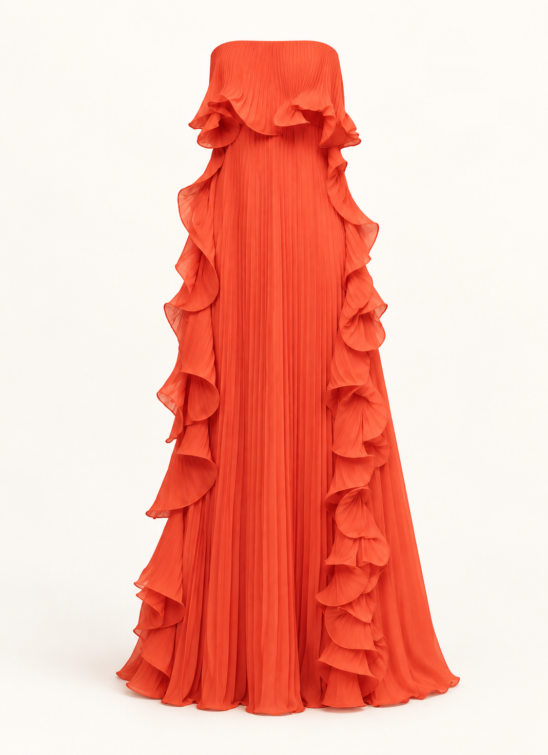 Vestido Comprido sem Alças com Folhos em Vermelho alaranjado — imagem de produto em fundo de estúdio | Tolobasao