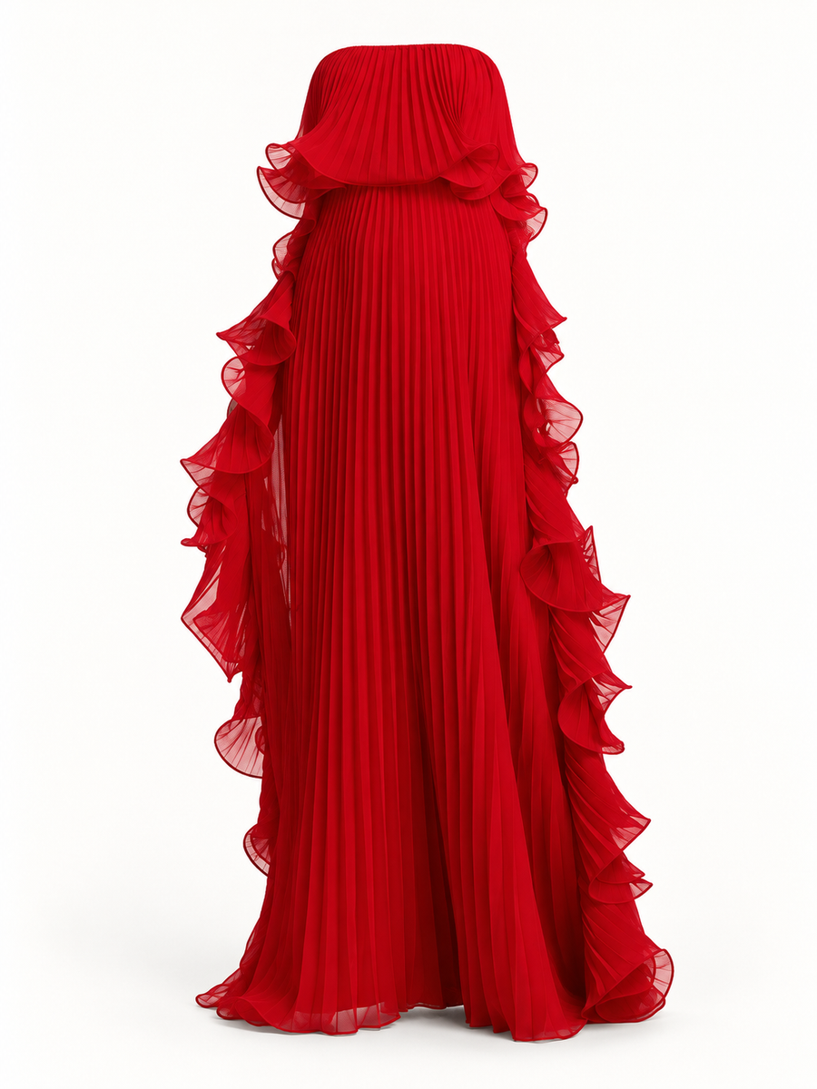 Vestido Comprido sem Alças com Folhos