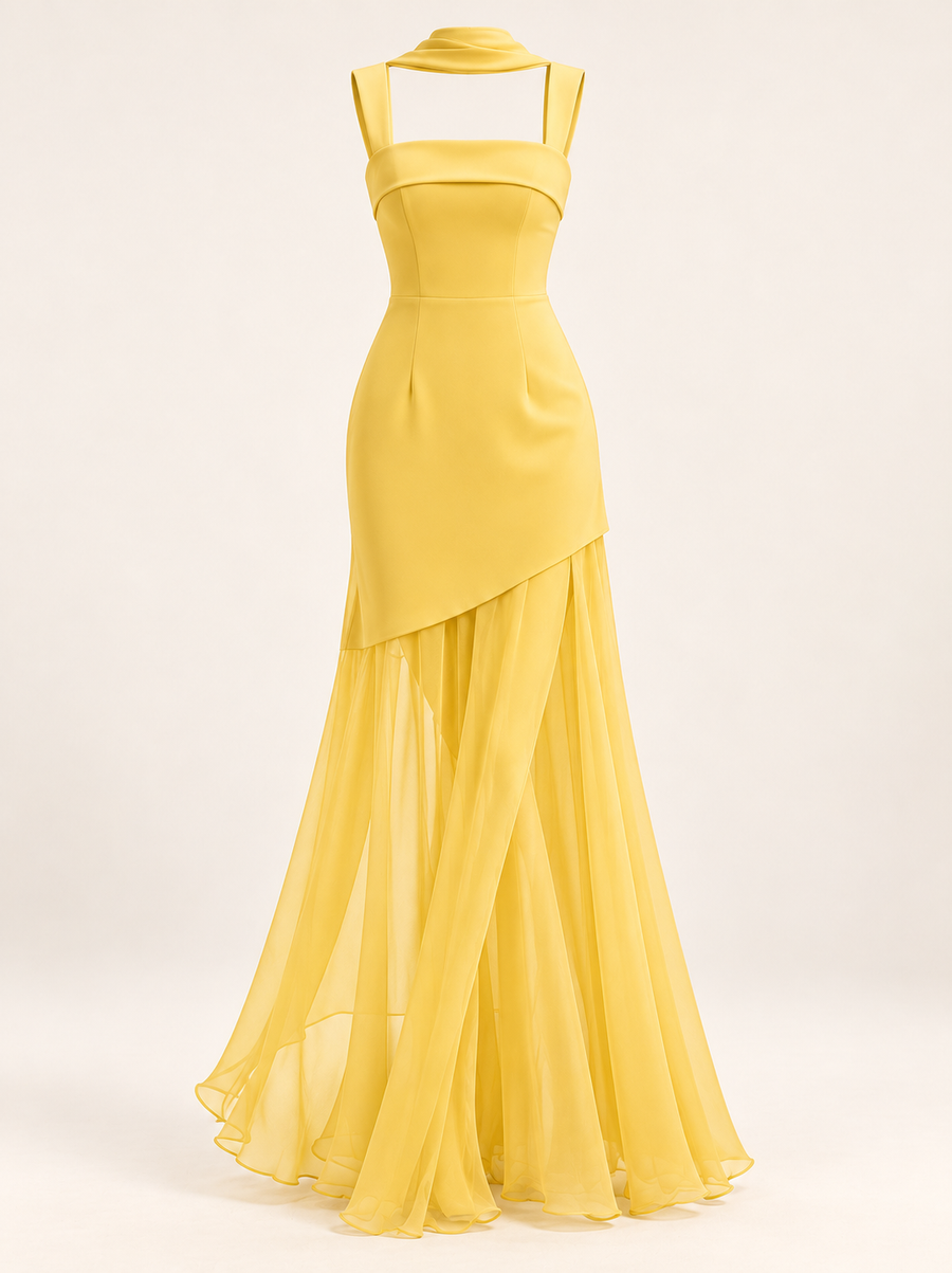 Vestido comprido em tule com laços amarelo — imagem do produto | Tolobasao