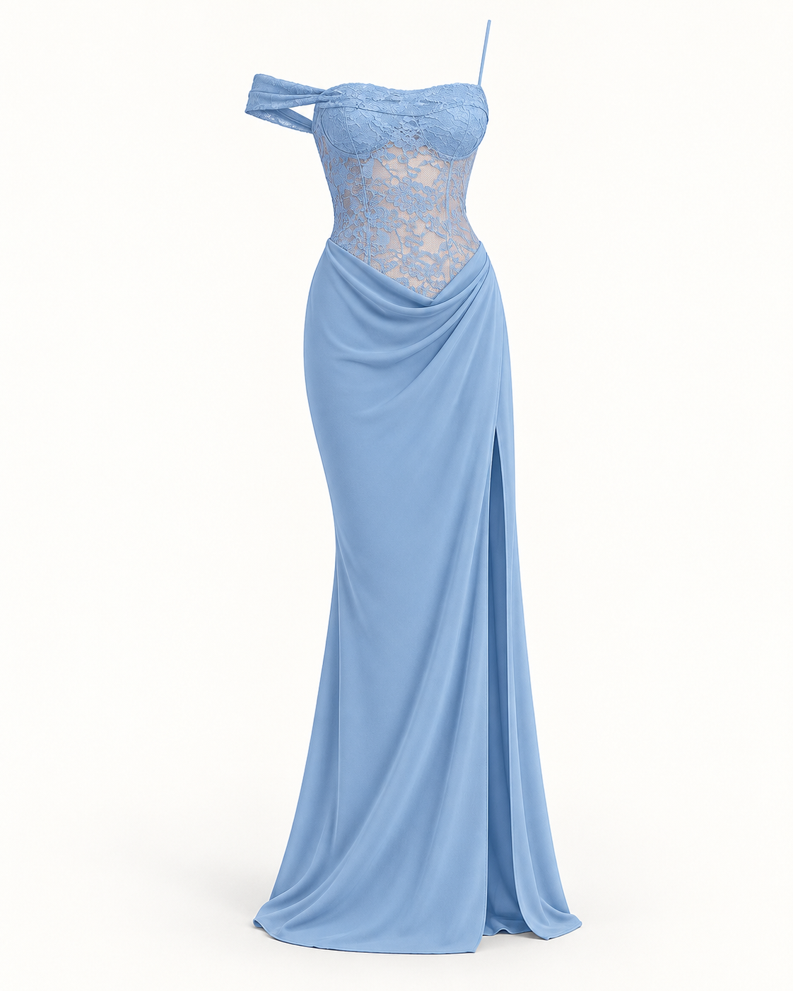 Vestido comprido de um ombro com renda em azul — imagem do produto