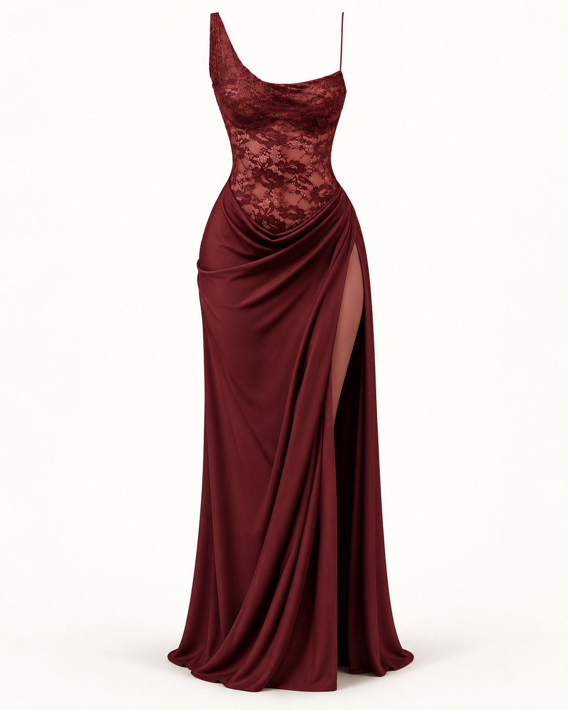 Vestido comprido de um ombro com renda em bordô — imagem do produto