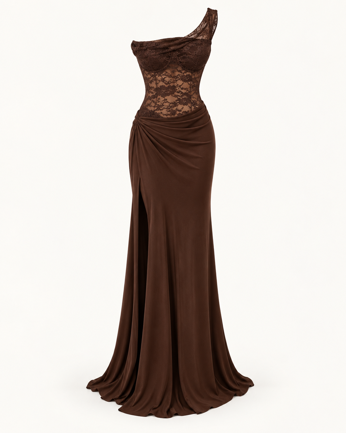 Vestido comprido de um ombro com renda em castanho — imagem do produto