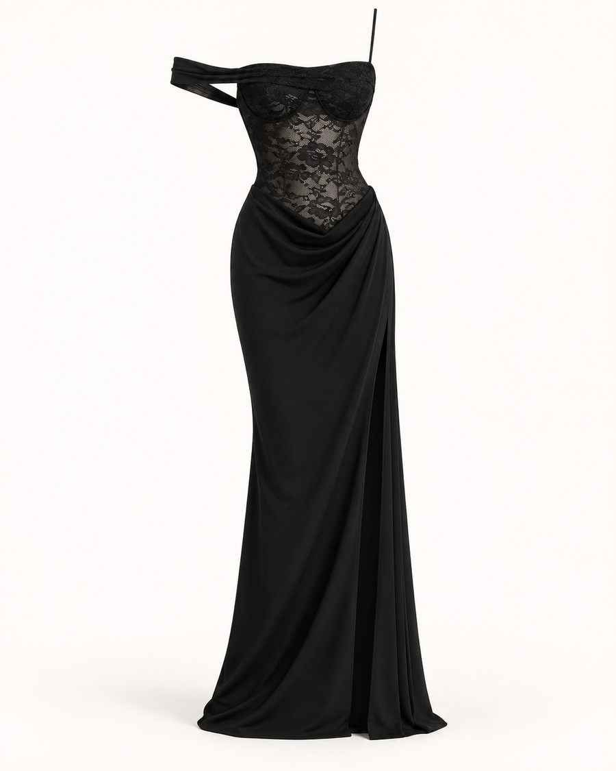 Vestido comprido de um ombro com renda em preto — imagem do produto