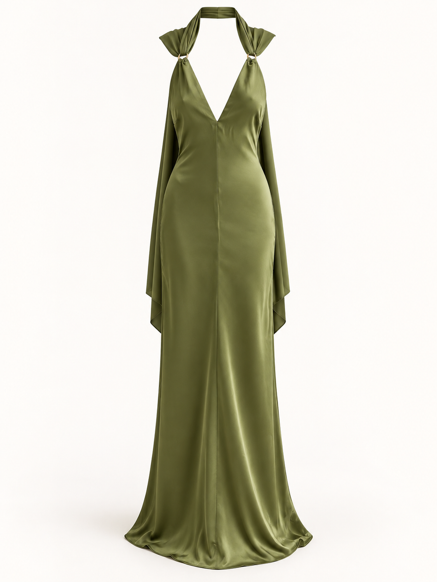 Vestido Comprido Verde de Cetim com Laço