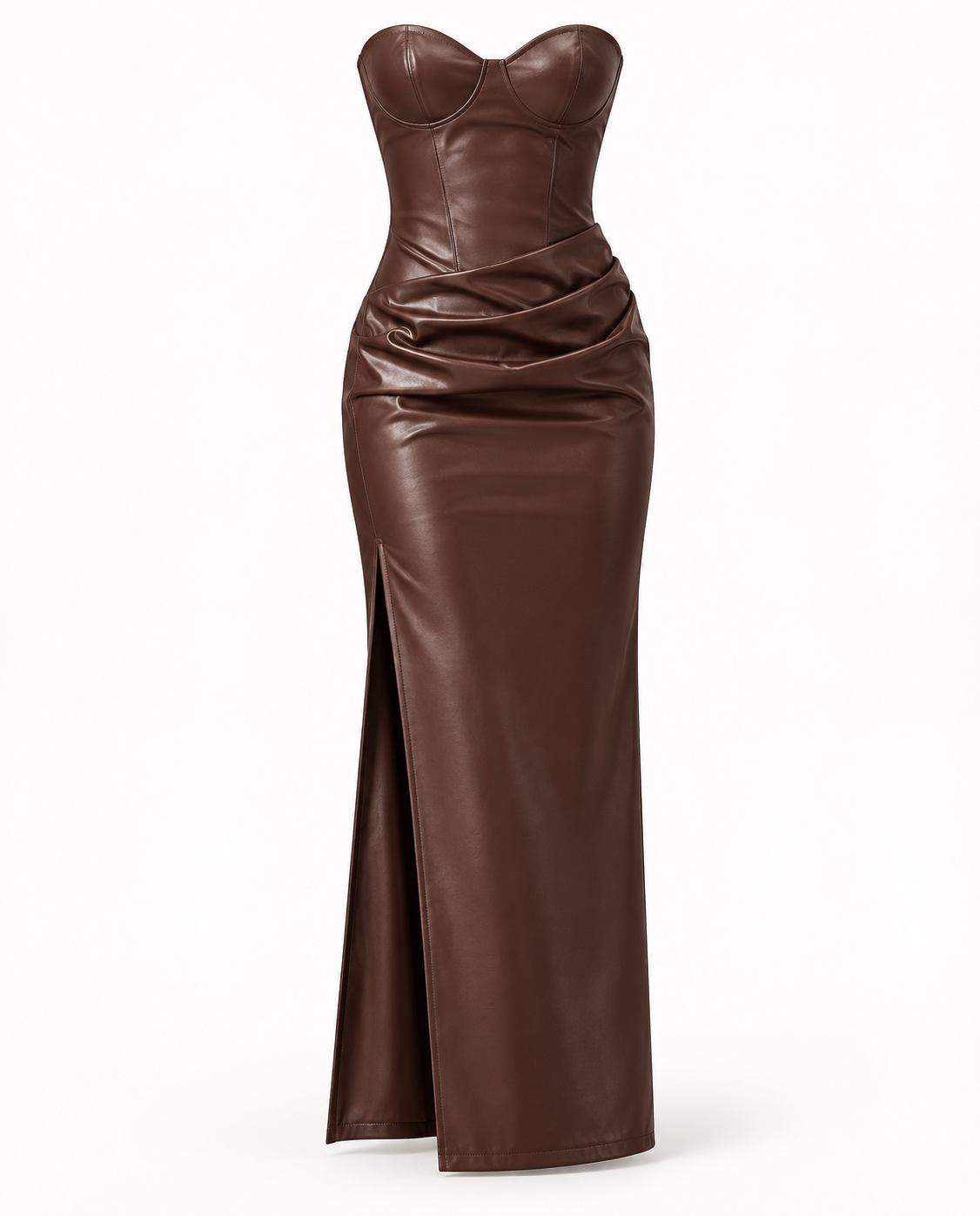 Vestido Comprido Vermelho com Efeito Couro e Corpete