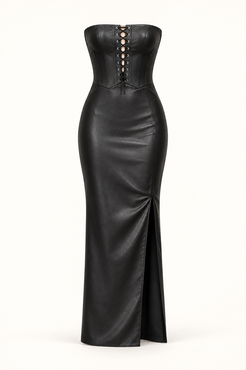 Vestido Comprido Vermelho com Efeito Couro e Corpete em Preto — imagem de produto em fundo de estúdio | Tolobasao